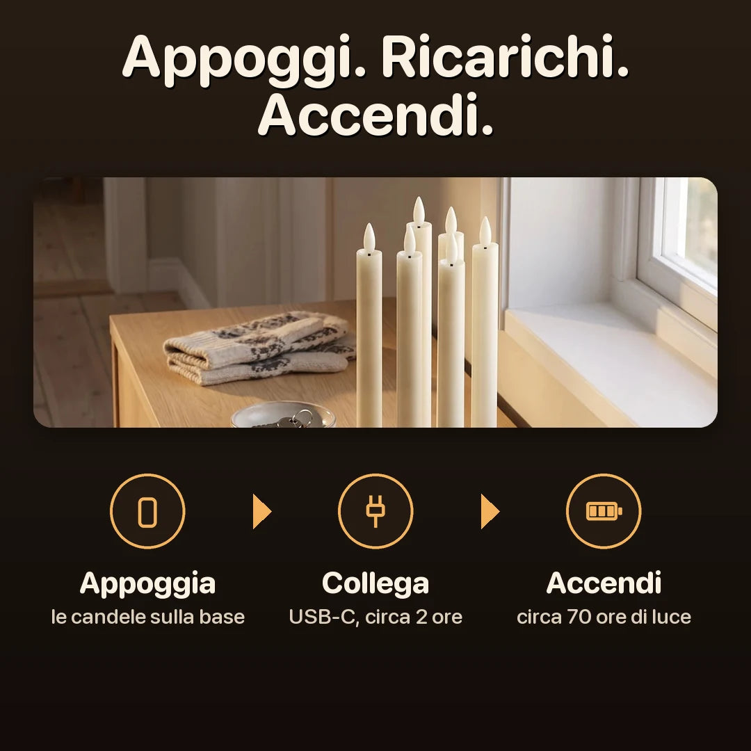 Ceriva™ - Candele LED a stelo ricaricabili con base di ricarica, set da 6 Zomesi