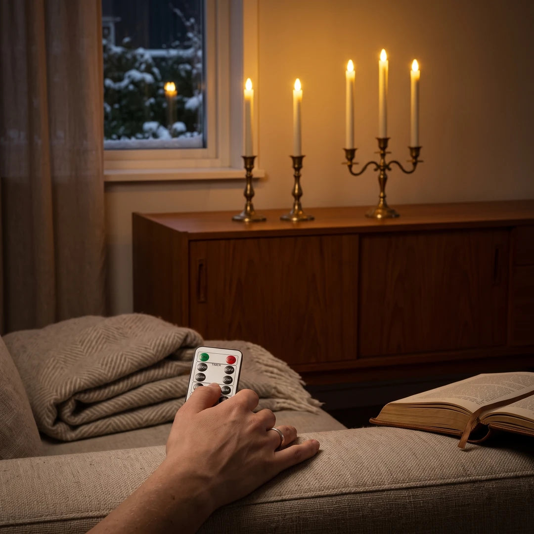 Una mano sul divano tiene il telecomando Ceriva™, candele accese nei candelieri sulla credenza vicino alla finestra