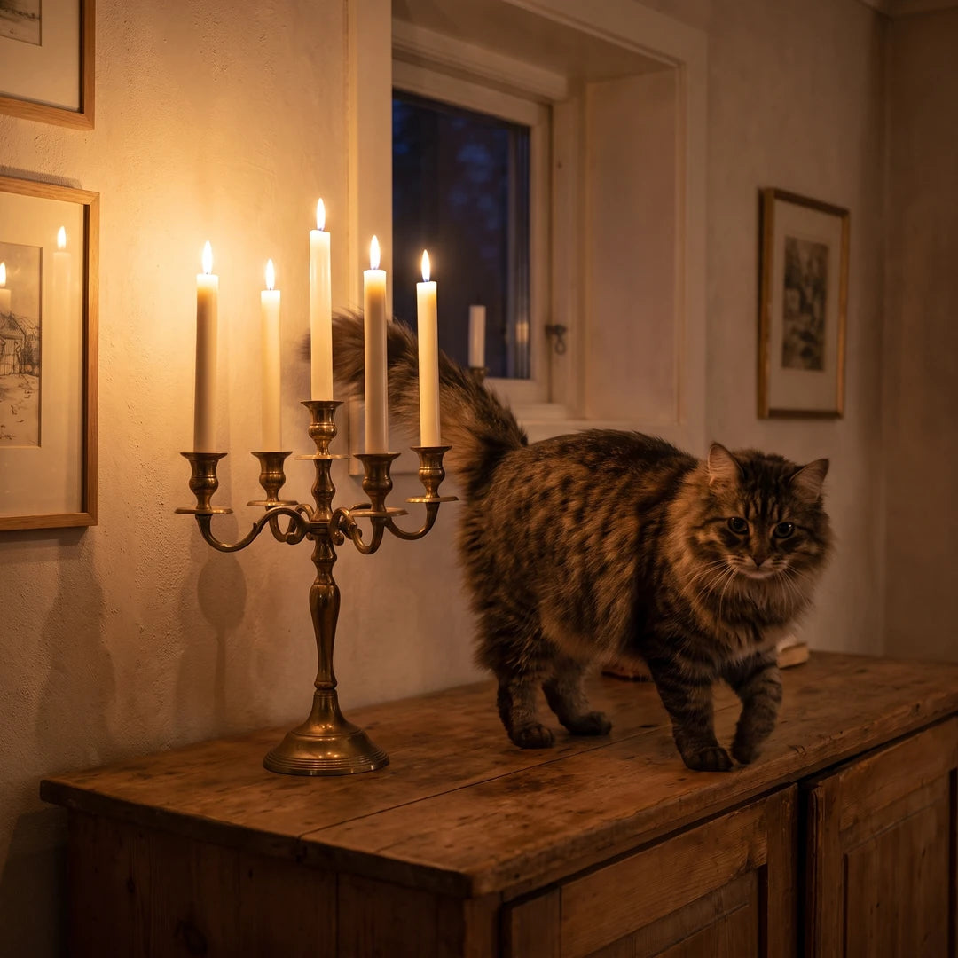 Un gatto passa accanto a un candelabro acceso con candele Ceriva™ sulla credenza, in una sera di dicembre