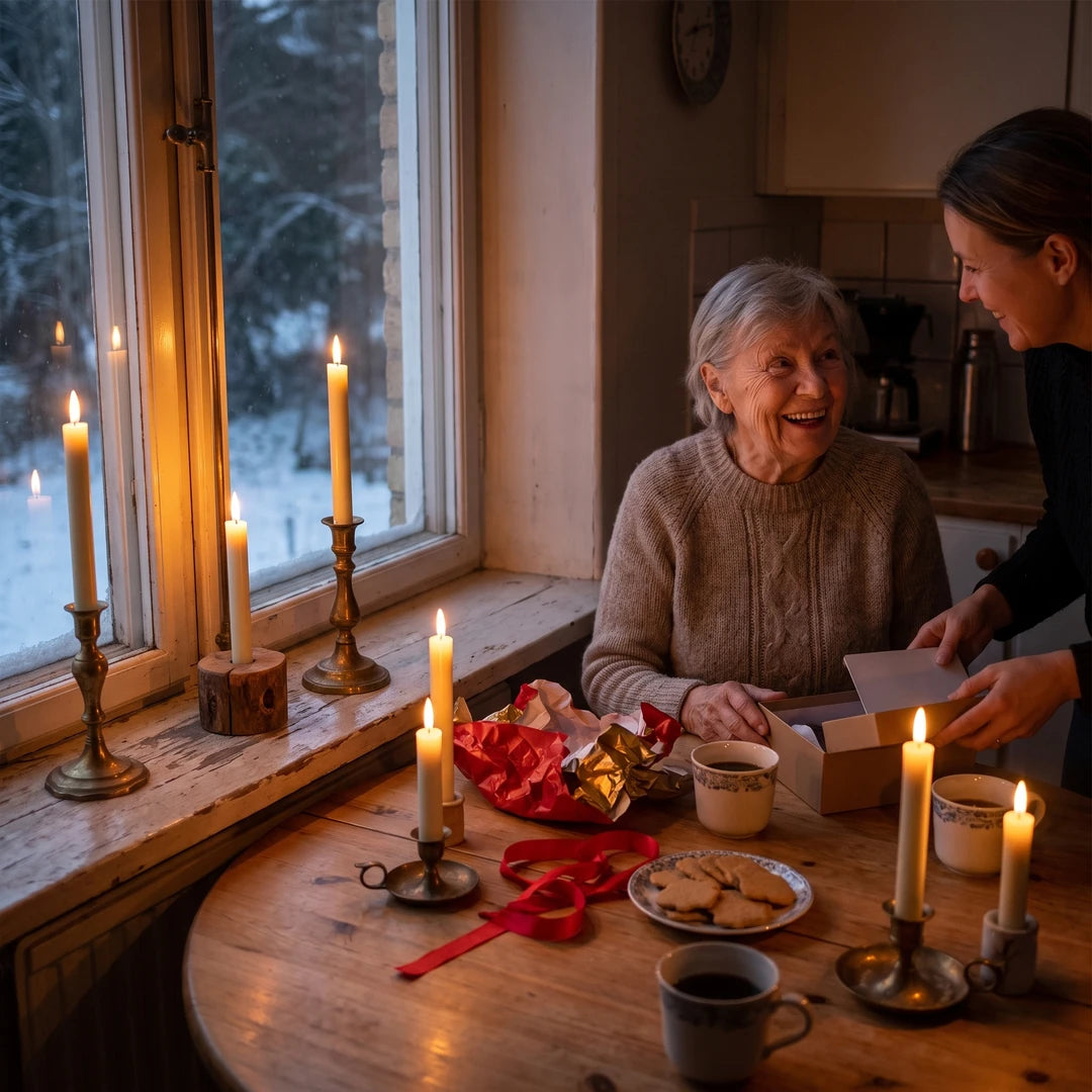 Una signora anziana apre un regalo al tavolo della cucina, candele Ceriva™ accese alla finestra